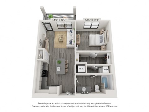 Floor plan for 1 bed, 1 bath, 731 sqft